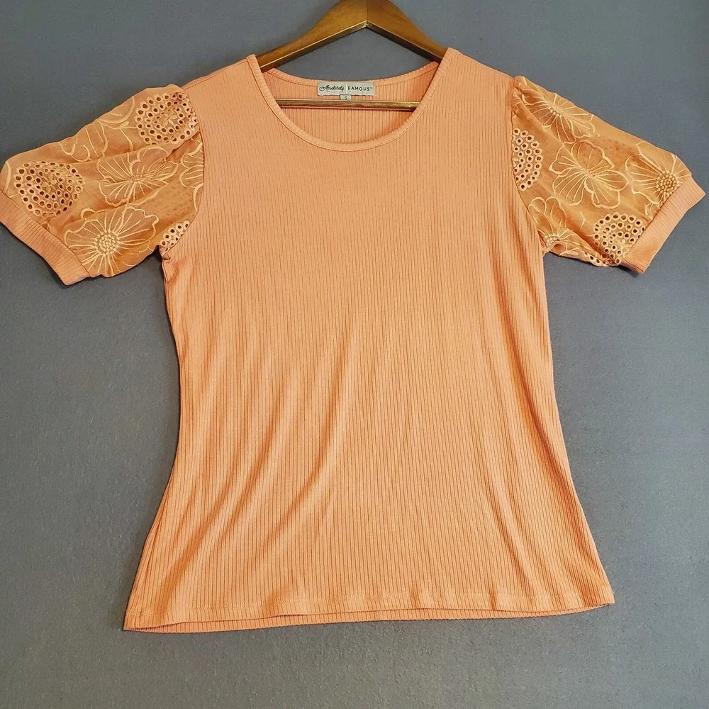 Absolutely Famous S Peach Ribbed Shirt Sheer Eyelet Floral Puffy Short Sleeve